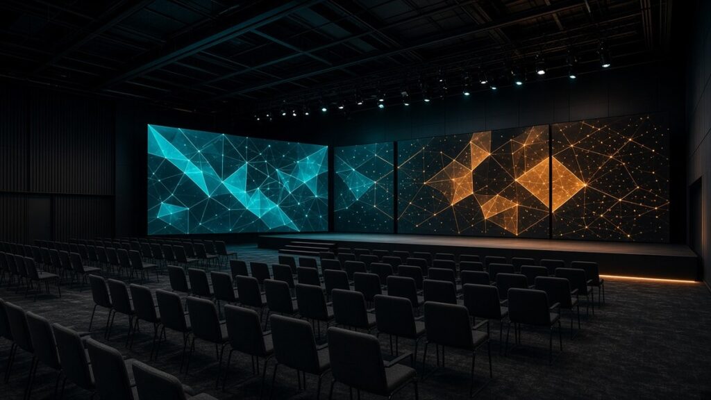 Зал конференции Blockchain Forum 2026, Москва: сцена, экраны с блокчейн-графикой, пустые ряды кресел