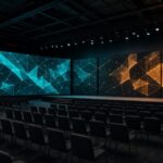 Зал конференции Blockchain Forum 2026, Москва: сцена, экраны с блокчейн-графикой, пустые ряды кресел