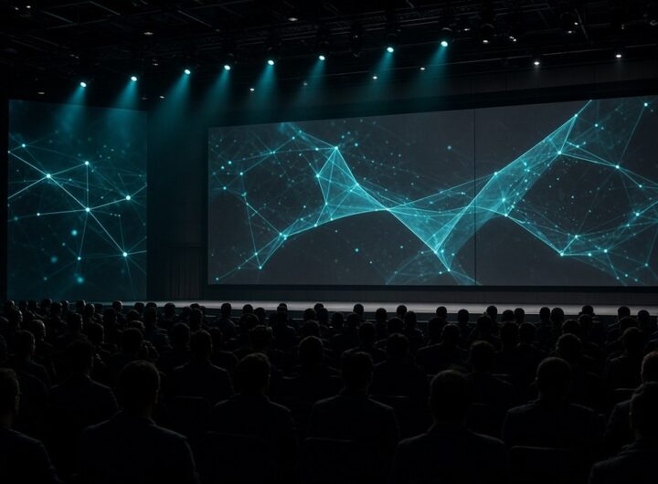 Зрительный зал на Blockchain Forum 2026 в Москве: силуэты зрителей, сцена и экраны с блокчейн-графикой