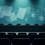 Сцена театра с длинным столом для экспертной панели и проекция документов и весов правосудия