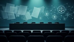 Сцена театра с длинным столом для экспертной панели и проекция документов и весов правосудия