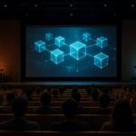 Лекционный зал университета в Санкт-Петербурге: силуэты слушателей, экран с цепочкой блоков блокчейна